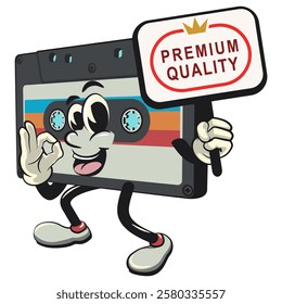 Cute retro cassette vektor illustration mascot character carrying a sign board that says premium quality while giving an okay sign, work of hand drawn