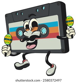 Cute retro cassette vektor illustration mascot character playing maracas, work of hand drawn