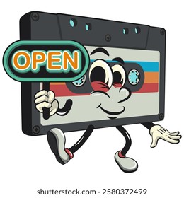 Cute retro cassette vektor illustration mascot character showing a sign that says open, work of hand drawn