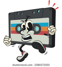 Cute retro cassette vektor illustration mascot character jumping and kicking, work of hand drawn