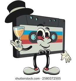 Cute retro cassette vektor illustration mascot character wearing hat and bow tie raising a wine glass, work of hand drawn