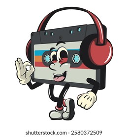 Cute retro cassette vektor illustration mascot character listening to headset while dancing, work of hand drawn