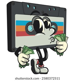 Cute retro cassette vektor illustration mascot character carrying money while whistling, work of hand drawn