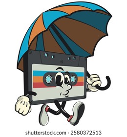 Cute retro cassette vektor illustration mascot character walking with an umbrella, work of hand drawn