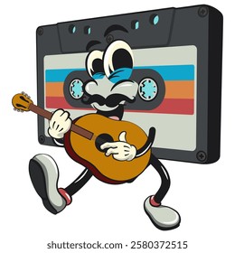 Cute retro cassette vektor illustration mascot character moustache playing guitar, work of hand drawn