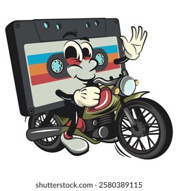 Cute retro cassette vektor illustration mascot character riding a big motorcycle, work of hand drawn