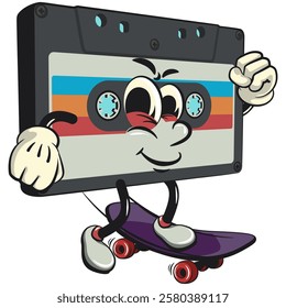 Cute retro cassette vektor illustration mascot character playing skateboard, work of hand drawn