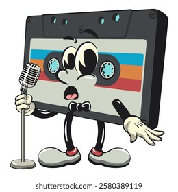 Cute retro cassette vektor illustration mascot character on front of the mic become a stand up comedian, work of hand drawn