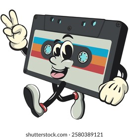 Cute retro cassette vektor illustration mascot character walking with a peace sign, work of hand drawn