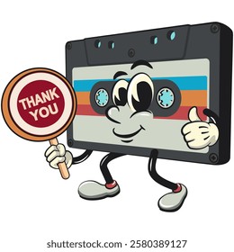 Cute retro cassette vektor illustration mascot character say thank you, work of hand drawn