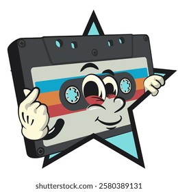 Cute retro cassette vektor illustration mascot character out from of a star by giving an OK sign, work of hand drawn