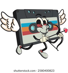 Cute retro cassette vektor illustration mascot character being cupid with angel wings and the arrow of love, work of hand drawn