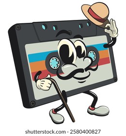 Cute retro cassette vektor illustration mascot character walk with a stick and saluting with raised hat, work of hand drawn