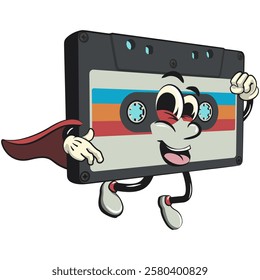 Cute retro cassette vektor illustration mascot character as flying superhero wearing a robe, work of hand drawn