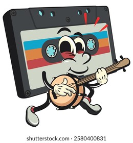 Cute retro cassette vektor illustration mascot character playing the banjo musical instrument, work of hand drawn