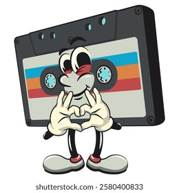 Cute retro cassette vektor illustration mascot character is giving a sign of love with finger, work of hand drawn