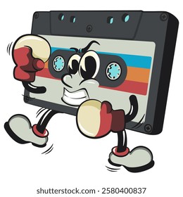 Cute retro cassette vektor illustration mascot character practicing boxing wearing boxing glove, work of hand drawn