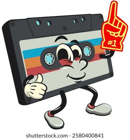 Cute retro cassette vektor illustration mascot character raise foam finger, work of hand drawn