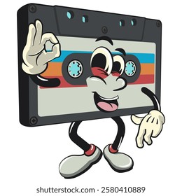 Cute retro cassette vektor illustration mascot character dancing while giving the okay sign, work of hand drawn