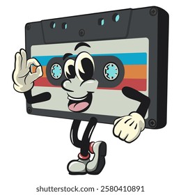 Cute retro cassette vektor illustration mascot character greet by giving oke sign, work of hand drawn