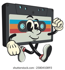 Cute retro cassette vektor illustration mascot character walking, work of hand drawn