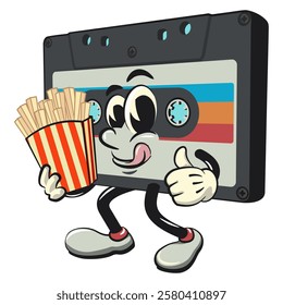 Cute retro cassette vektor illustration mascot character brought a box of french fries, work of hand drawn