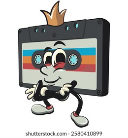 Cute retro cassette vektor illustration mascot character crowned like a king while folding his arms calmly, work of hand drawn