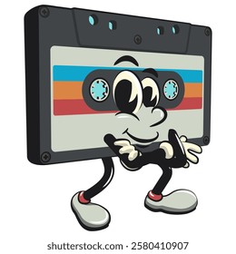 Cute retro cassette vektor illustration mascot character folding his arms calmly, work of hand drawn