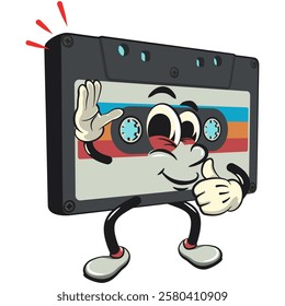 Cute retro cassette vektor illustration mascot character wave hand and give a thumbs up sign, work of hand drawn