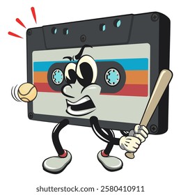 Cute retro cassette vektor illustration mascot character playing baseball ready to hit the ball with the bat, work of hand drawn