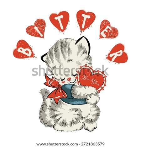 Cute retro cat illustration with graffiti hearts