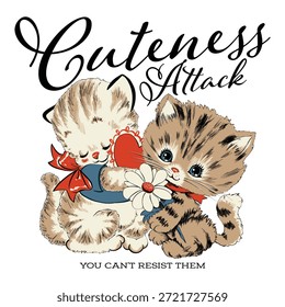 Ilustraciones retro lindas del gato con los Elementos de letras de la mano