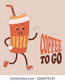 Cute retro character of coffee in paper cup and inscription Coffee to go. Vector illustration. Cool card with funny mascot coffee drink 