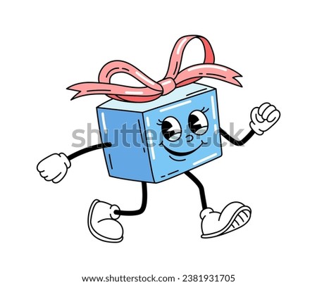 Cute retro character concept. Blue gift boxes with legs in old style. Back to 80s and 90s, hippie era. Present and surprise. Cartoon flat vector illustration isolated on white background