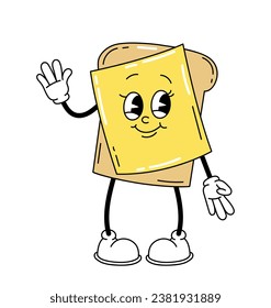 Cute retro character concept. Bread with cheese with legs in old style. Back to 80s and 90s, hippie era. Poster or banner. Cartoon flat vector illustration isolated on white background