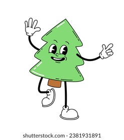 Cute retro character concept. Christmas tree with legs in old style. Back to 80s and 90s, hippie era. Graphic element for website. Cartoon flat vector illustration isolated on white background
