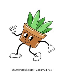 Cute retro character concept. Flowerpot with legs in old style. Back to 80s and 90s, hippie era. Comfort and coziness indoor. Cartoon flat vector illustration isolated on white background