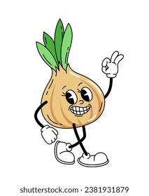 Cute retro character concept. Garlic with legs in old style. Back to 80s and 90s, hippie era. Vegetable with vitamin. Poster or banner. Cartoon flat vector illustration isolated on white background