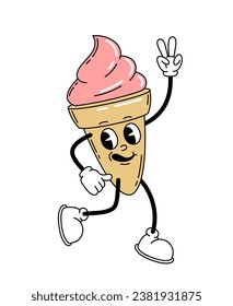 Cute retro character concept. Ice cream with legs in old style. Back to 80s and 90s, hippie era. Cold dessert and delicacy. Cartoon flat vector illustration isolated on white background