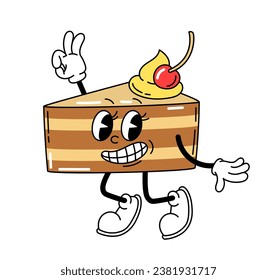 Cute retro character concept. Slice of cake with legs in old style. Back to 80s and 90s, hippie era. Graphic element for website. Cartoon flat vector illustration isolated on white background