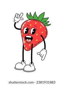 Cute retro character concept. Strawberry with legs in old style. Back to 80s and 90s, hippie era. Berry with vitamins. Cartoon flat vector illustration isolated on white background