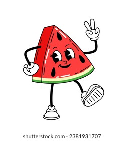 Cute retro character concept. Watermelon slice with legs in old style. Back to 80s and 90s, hippie era. Natural and organic fruit. Cartoon flat vector illustration isolated on white background