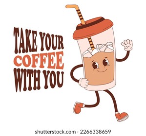 Cute retro character iced coffee in paper cup takeaway. Vector illustration. Cool funny mascot drink. Take your coffee with you card