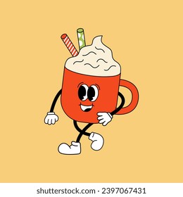 Cute retro character mascot. Cup of coffee latte with candies. Vector illustration on isolated background