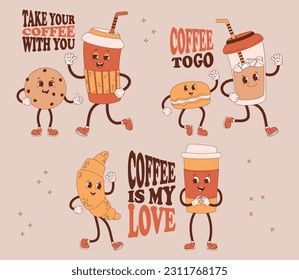 Cute retro characters coffee to go in paper cups and sweet cookie, macaron and croissant. Collection pastries and coffee drink with funny phrases in nastalgic style. Vector illustration