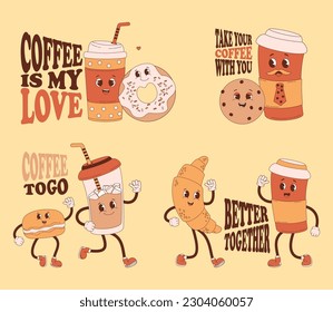 El estilo retro es muy refinado, con tazas de papel y dulces. Recolección de comida y bebida de café con frases graciosas de estilo nastálgico. Ilustración vectorial.