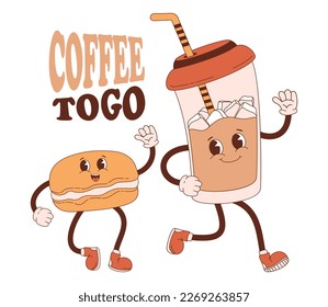 Caracteres retro de café helado con paja en taza de papel y macarón de confitería. Café para ir. Ilustración vectorial. Genial, gracioso café de mascota y deliciosas galletas