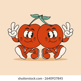 Cute retro cherry cartoon character in vintage style. Fun, colorful, and playful fruit mascot for sticker, logo, print, and vector illustration