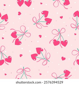 Cute retro cherry heart valentine seamless pattern Girly trendy background