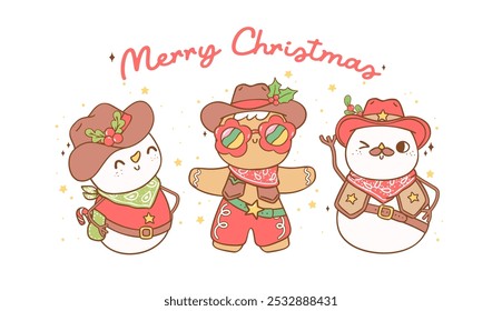 Cute Retro Christmas banner Cowboy happy Santa, snowman and gingerbread man hand drawn cartoon doodle collection